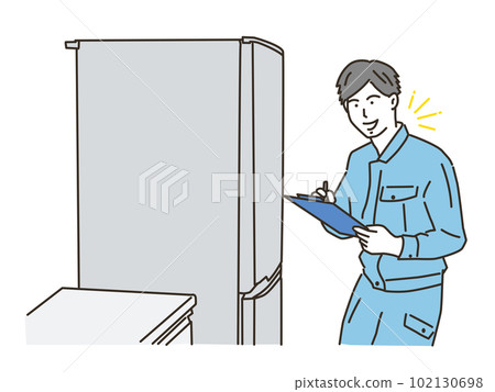 年輕男工在廚房檢查冰箱 年輕男工在廚房檢查冰箱 102130698