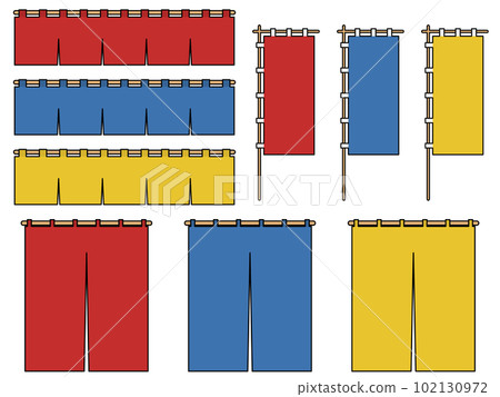 A set of 6 types of noren curtains and 3 types of banners with line drawings 102130972