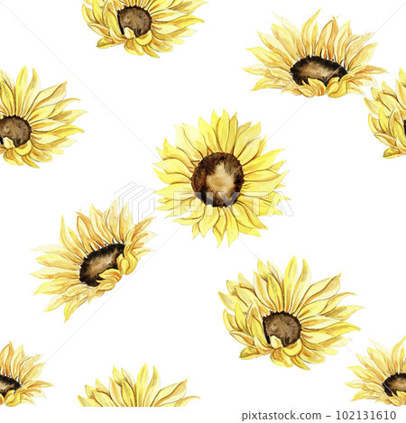Watercolor hand drawn seamless pattern of yellow sunflowers in cartoon style. Kids style background illustration with of a beautiful summer or spring flowers.Applicable for textiles, wallpapers,decor. 102131610