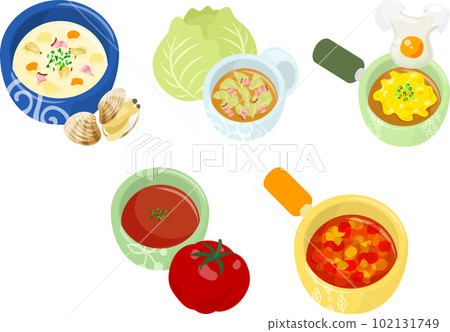Various delicious soup icons such as clam chowder and minestrone 102131749