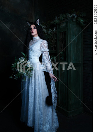 Beauty fashion woman in a manga costume, cat anime. Cosplay anime manga cat. Girl with cat ears 102132992