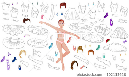Ballerina Coloring Paper Doll with Tutus, Tops, Hairstyles and Pointes. Vector Illustration 102133618