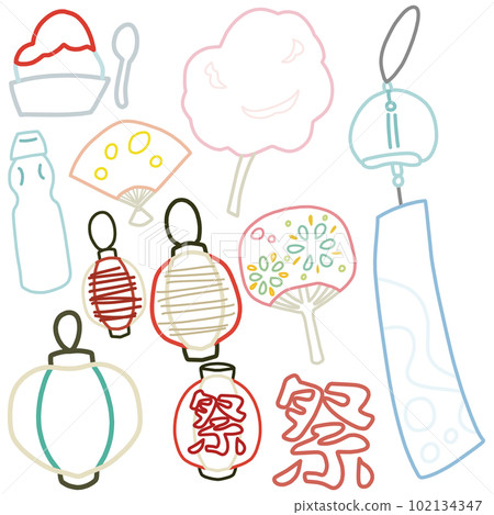 A color line drawing set inspired by summer and festivals such as wind chimes and lanterns 102134347