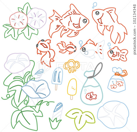 Color line drawing set that imaged summer such as goldfish, morning glory and ice cream 102134348