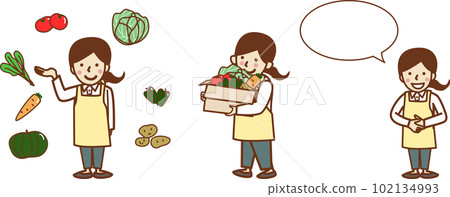 一個穿著圍裙、帶著蔬菜的微笑女人的一組插圖。會話框。送貨。 102134993