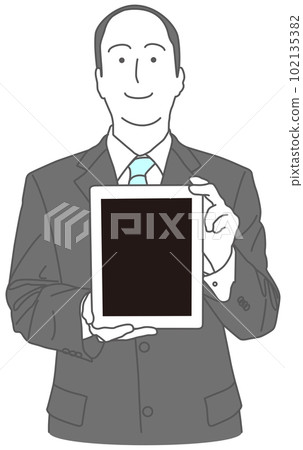 一個穿西裝的男人展示平板設備的屏幕 102135382