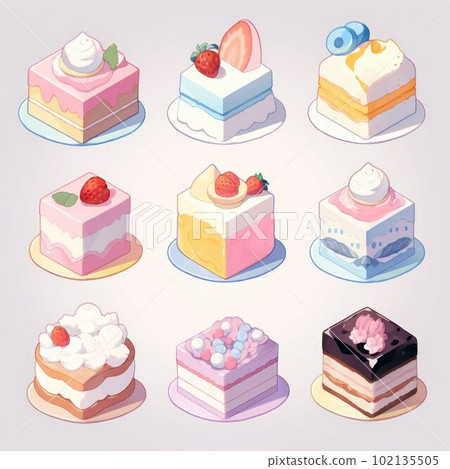 Illustration cute piece of cake set and dessert pastel color Created with Generative AI technology. 102135505