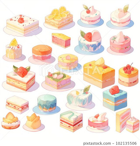 Illustration cute piece of cake set and dessert pastel color Created with Generative AI technology. Illustration cute piece of cake set and dessert pastel color Created with Generative AI technology. 102135506