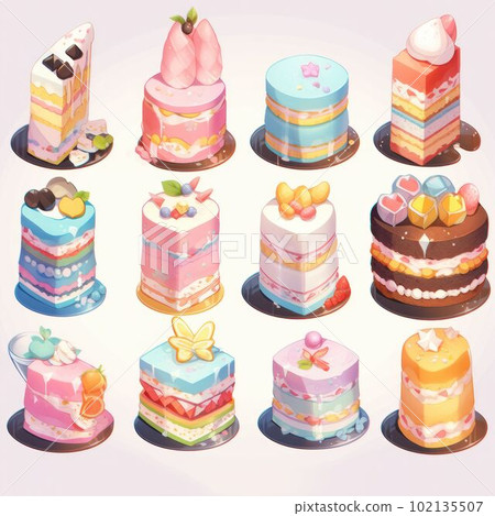 Illustration cute piece of cake set and dessert pastel color Created with Generative AI technology. 102135507