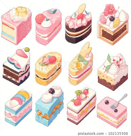Illustration cute piece of cake set and dessert pastel color Created with Generative AI technology. Illustration cute piece of cake set and dessert pastel color Created with Generative AI technology. 102135508