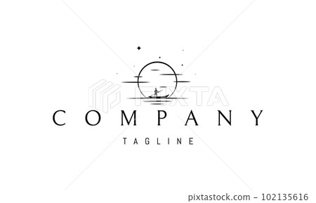Vector logo on which an abstract image of a fisherman in a boat against the background of the setting sun. Vector logo on which an abstract image of a fisherman in a boat against the background of the setting sun. 102135616