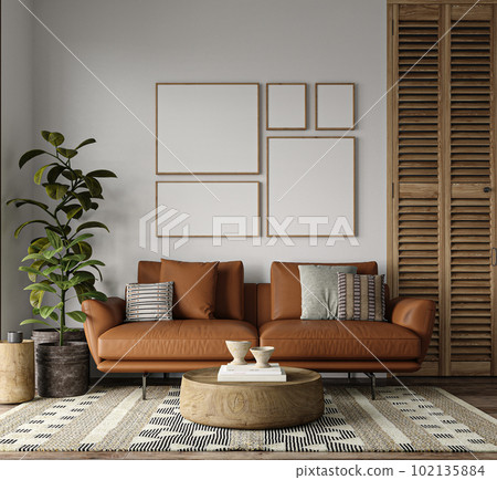 Australian minimalism concept of livingroom interior design with brown floor and red sofa. Mockup set of picture. Wooden coffee table and furniture. 3d rendering. High quality 3d illustration Australian minimalism concept of livingroom interior design with brown floor and red sofa. Mockup set of picture. Wooden coffee table and furniture. 3d rendering. High quality 3d illustration 102135884