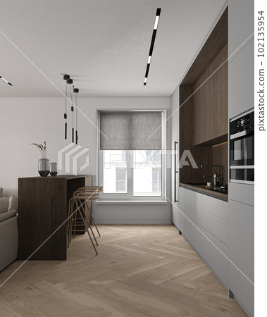 Japandi modern minimalist style apartment kitchen interior design. Ceiling with lighting. Decoration wooden cabinet and marble counter top. 3d rendering. High quality 3d illustration 102135954