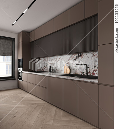 Japandi modern minimalist style apartment kitchen interior design. Ceiling with lighting. Decoration brown cabinet and marble counter top. 3d rendering. High quality 3d illustration Japandi modern minimalist style apartment kitchen interior design. Ceiling with lighting. Decoration brown cabinet and marble counter top. 3d rendering. High quality 3d illustration 102135966
