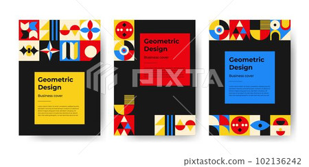 Geometric covers set. Neo geo, retro style. Modern abstract set of vector illustrations for advertising and bisiness flyers. Geometric template for brochures, flyers, covers, business, advertising. 102136242