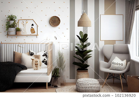 Cozy kids room with tent, Creative playroom interior decorated for child play, Montessori interior, room design, playroom, Generative AI 102136920