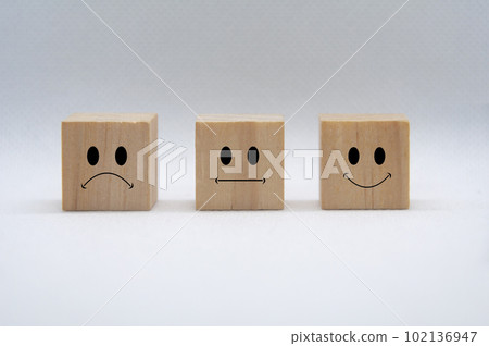 Sad, neutral and happy emoticon faces on wooden cubes with white background cover. Customer feedback, satisfaction and evaluation concept 102136947