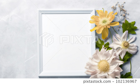 Mockup of picture frame decorated with spring flowers clean space for text on white background. Mockup of picture frame decorated with spring flowers clean space for text on white background. 102136967