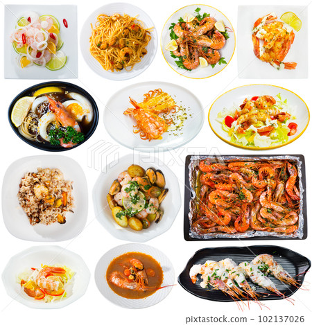 Collection of various dishes with shrimps 102137026