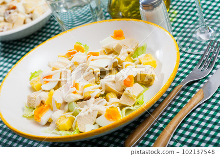 Closeup of salad with chicken, sweet pineapple and egg Closeup of salad with chicken, sweet pineapple and egg 102137548