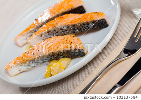 Appetizing roasted salmon Appetizing roasted salmon 102137584