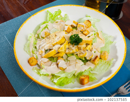 Caesar salad with grilled chicken on a white plate Caesar salad with grilled chicken on a white plate 102137585