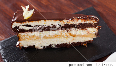 Tasty piece of lemon-chocolate cake 102137749
