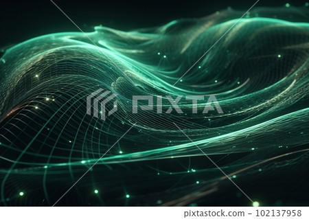 Polygonal green abstraction mountains with spiky connection structure on black background made with generative AI 102137958
