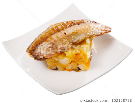 Baked mackerel fillet with potatoes Baked mackerel fillet with potatoes 102138758