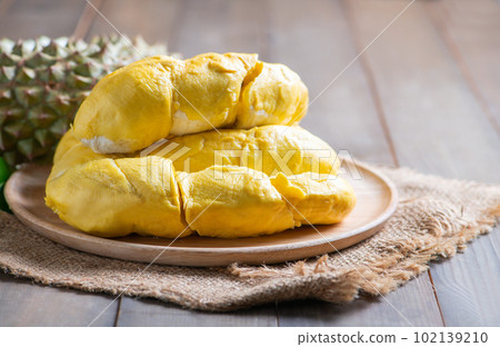 Chani Kai Durian or Durio zibthinus murray on wood plate, KIng of fruits of thailand Chani Kai Durian or Durio zibthinus murray on wood plate, KIng of fruits of thailand 102139210