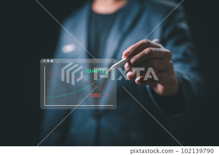 Cost analysis of business strategy and project management. Businessman using a virtual screen to monitor a quality control growth graph and cost reduction 102139790