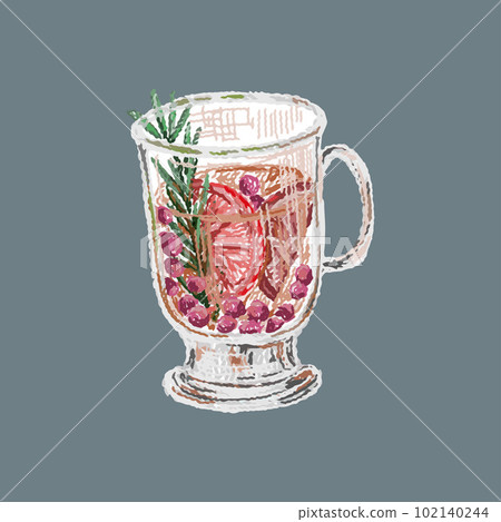 Mug of glass with a hot drink, lemon, and berries. Black and white sketch illustration. Hugge drinks for christmas Mug of glass with a hot drink, lemon, and berries. Black and white sketch illustration. Hugge drinks for christmas 102140244