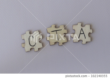 The acronym CTA, which stands for Call To Action. The letters written on the puzzles. 102140355