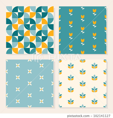 Set of four abstract patters in the Bauhaus style with geometric flowers in bright colors. Vector illustration 102141127
