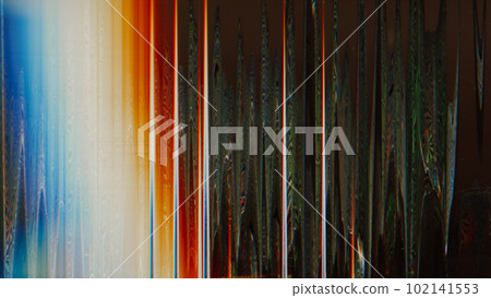 Glitch overlay. Color noise texture. Distressed screen defect. Blue orange white glow artifacts dust scratches on dark black illustration abstract background. 102141553