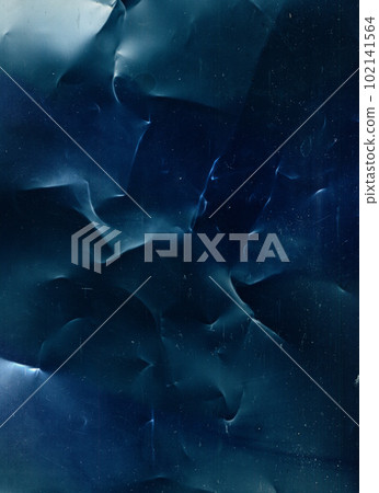 Distressed texture. Old film overlay. Gritty noise. Blue white color crinkled used foil surface with dust scratches on dark illustration abstract background. 102141564