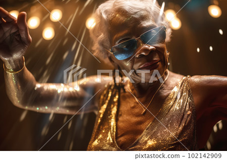 Carefree old black woman wears shiny dress and dancing at her anniversary party. Generative AI illustration 102142909