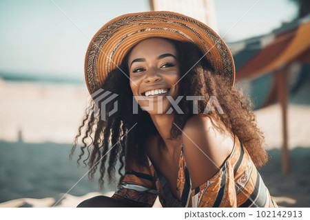 Portrait of stylish black woman in a straw hat on the sandy beach on vacation enjoy. Generative AI illustration Portrait of stylish black woman in a straw hat on the sandy beach on vacation enjoy. Generative AI illustration 102142913