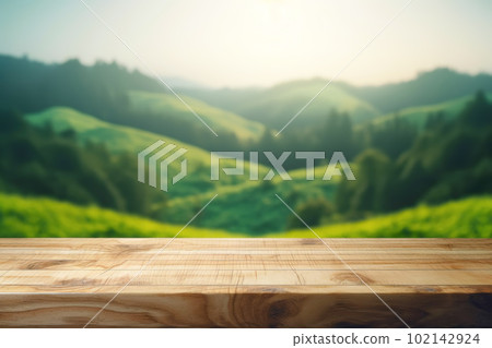 Empty wooden tabletop with green hills background for advertising and presentation. Selective focus on tabletop. Generative AI illustration 102142924