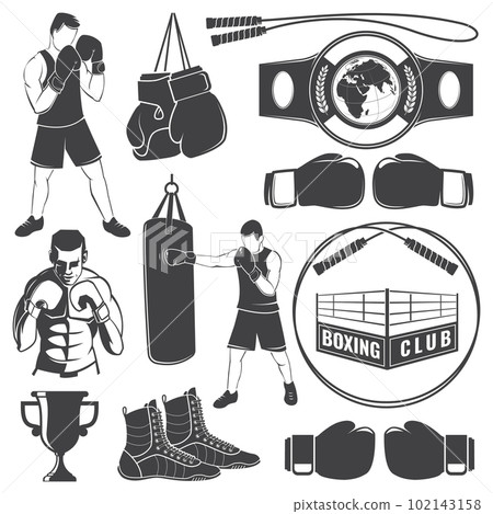 Set of boxing sports equipment and boxer silhouettes. Vector illustration. Collection include boxing jump rope, champion belt, boxer, gloves, boxing shoes and ring silhouette. 102143158