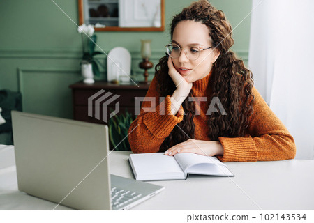 Contemplative Young Woman Taking Breaks from Online Learning and Working on Laptop at Home. Young 102143534