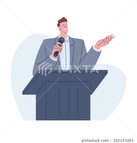 Speaker on lecture talk from stage. Training or seminar, politician speech. Business leader, professor man with microphone, kicky vector scene 102143801