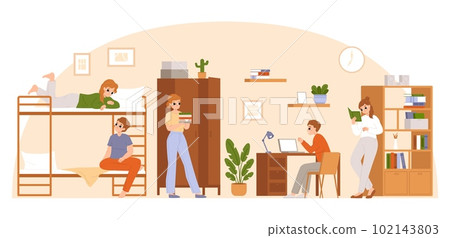 College dormitory. Student hostel area, dorm room and roommates. Teenagers in camp, students accommodation in bedroom. Snugly vector young life 102143803