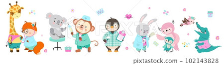 Animal doctors and patients. Cute sick koala and giraffe, tiny owl with mother at doctor. Animals pediatricians, nursery and ambulance nowaday vector characters 102143828