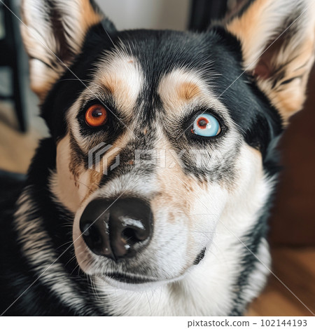 Portrait of a dog with multi-colored eyes, blue and brown eye, unusual dog, close-up 102144193