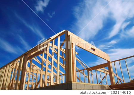 New house construction. Wooden frame with truss, post and beams. Generative AI 102144610