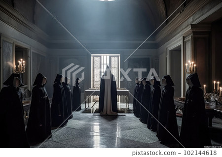 Secret society ceremony. Sect members at dark hall. Generative AI Secret society ceremony. Sect members at dark hall. Generative AI 102144618