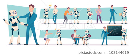 People with robots. Androids connecting with people exact vector fantastic future live 102144619