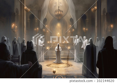 Secret society ceremony. Sect members at dark hall. Generative AI 102144620