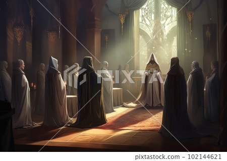 Secret society ceremony. Sect members at dark hall. Generative AI 102144621